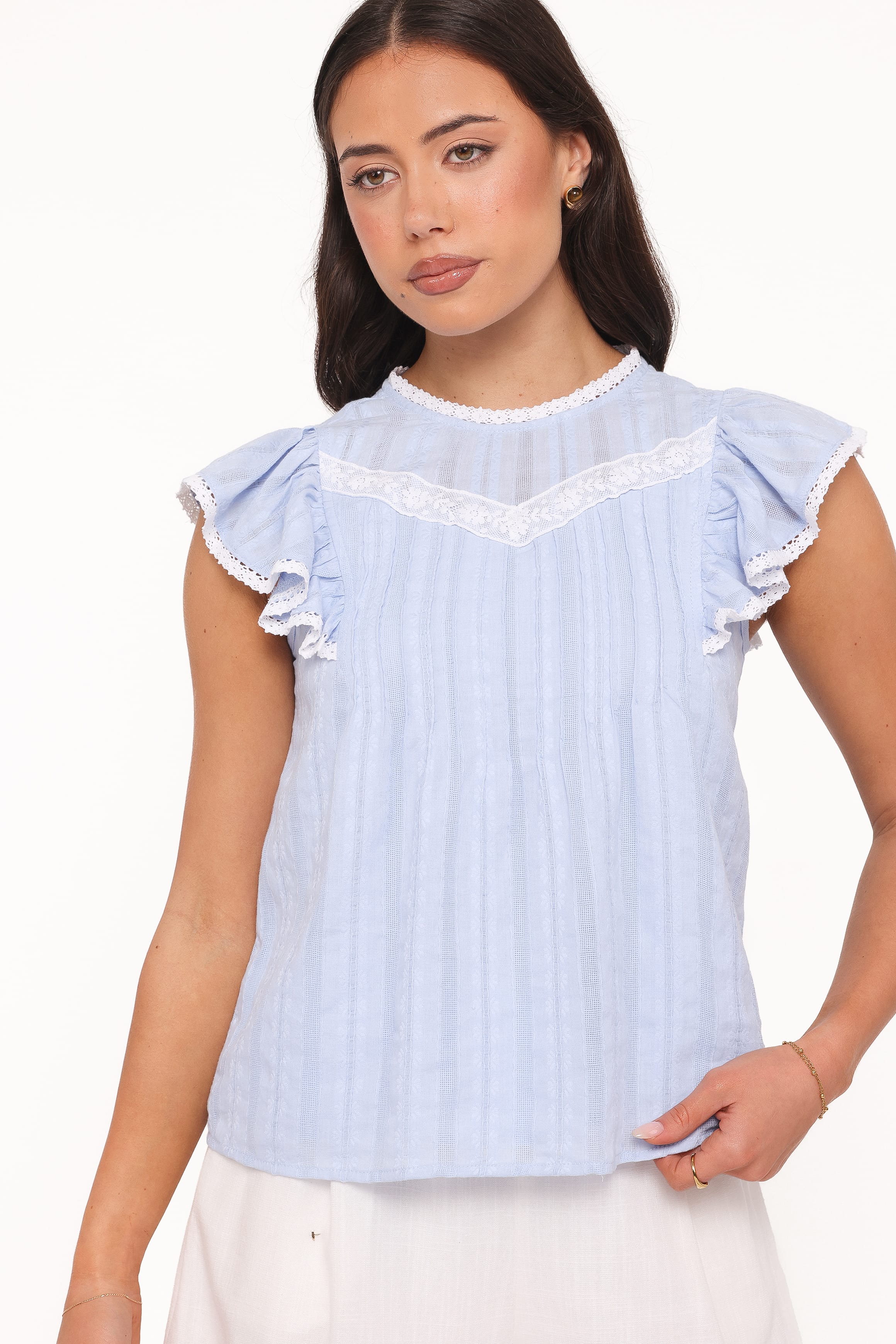 TOPS Laoise Lace Inset Ruffle Top - Light Blue