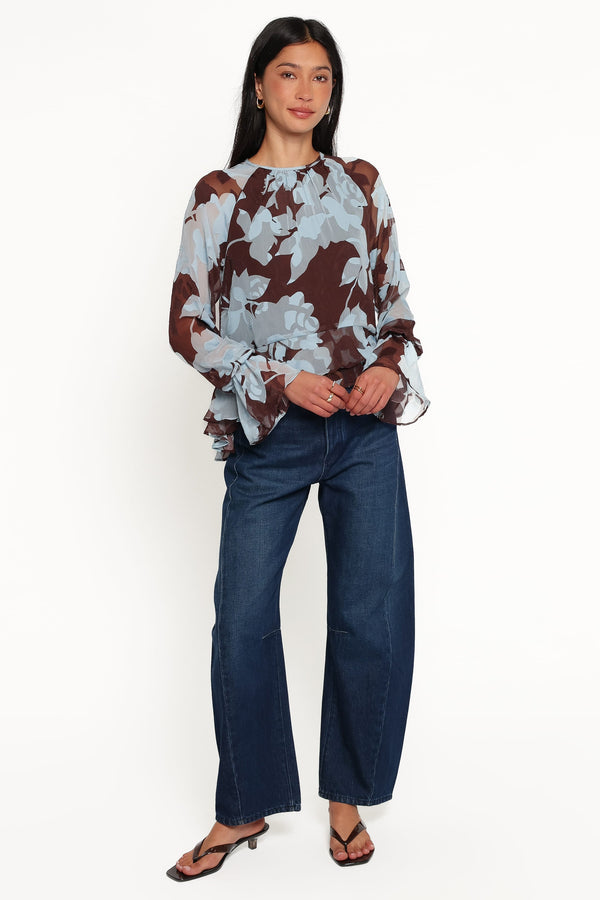 TOPS Larson Ruffle Hem Top - Blue Floral Burnout