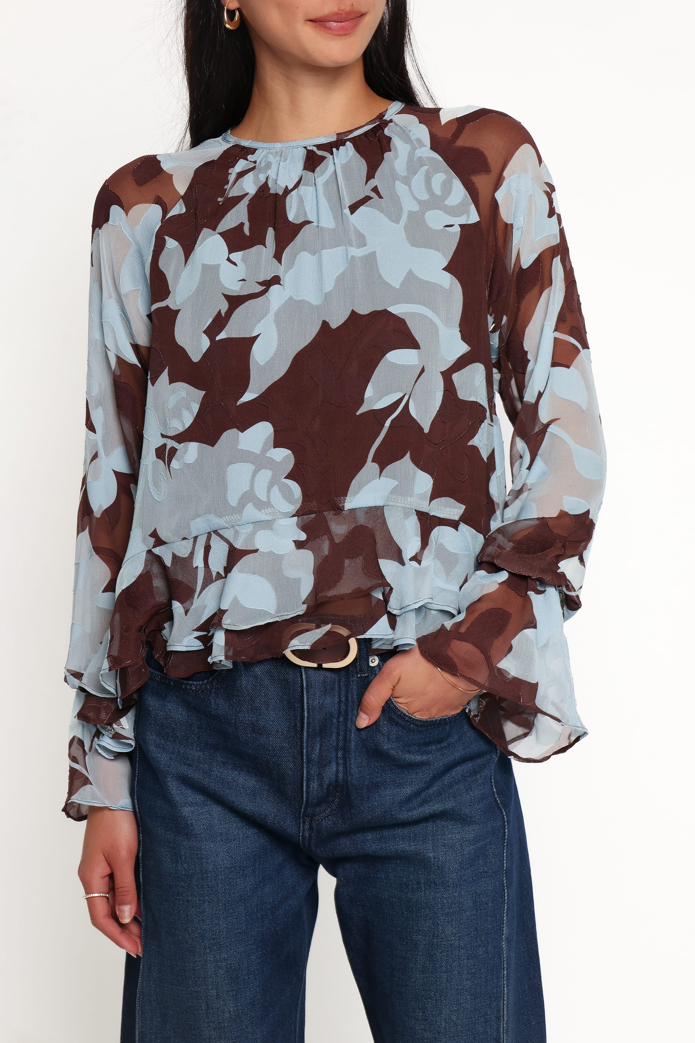 TOPS Larson Ruffle Hem Top - Blue Floral Burnout