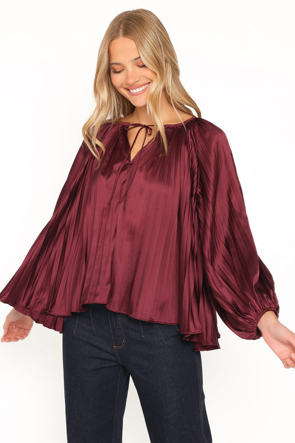 TOPS Marshall Pleated Top - Burgundy