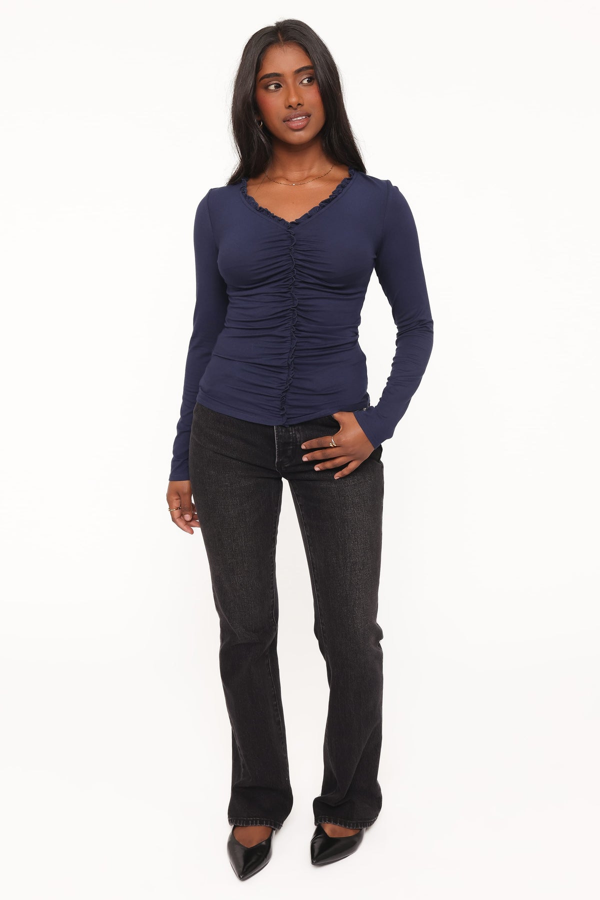 TOPS Marta Gathered Knit Top - Navy