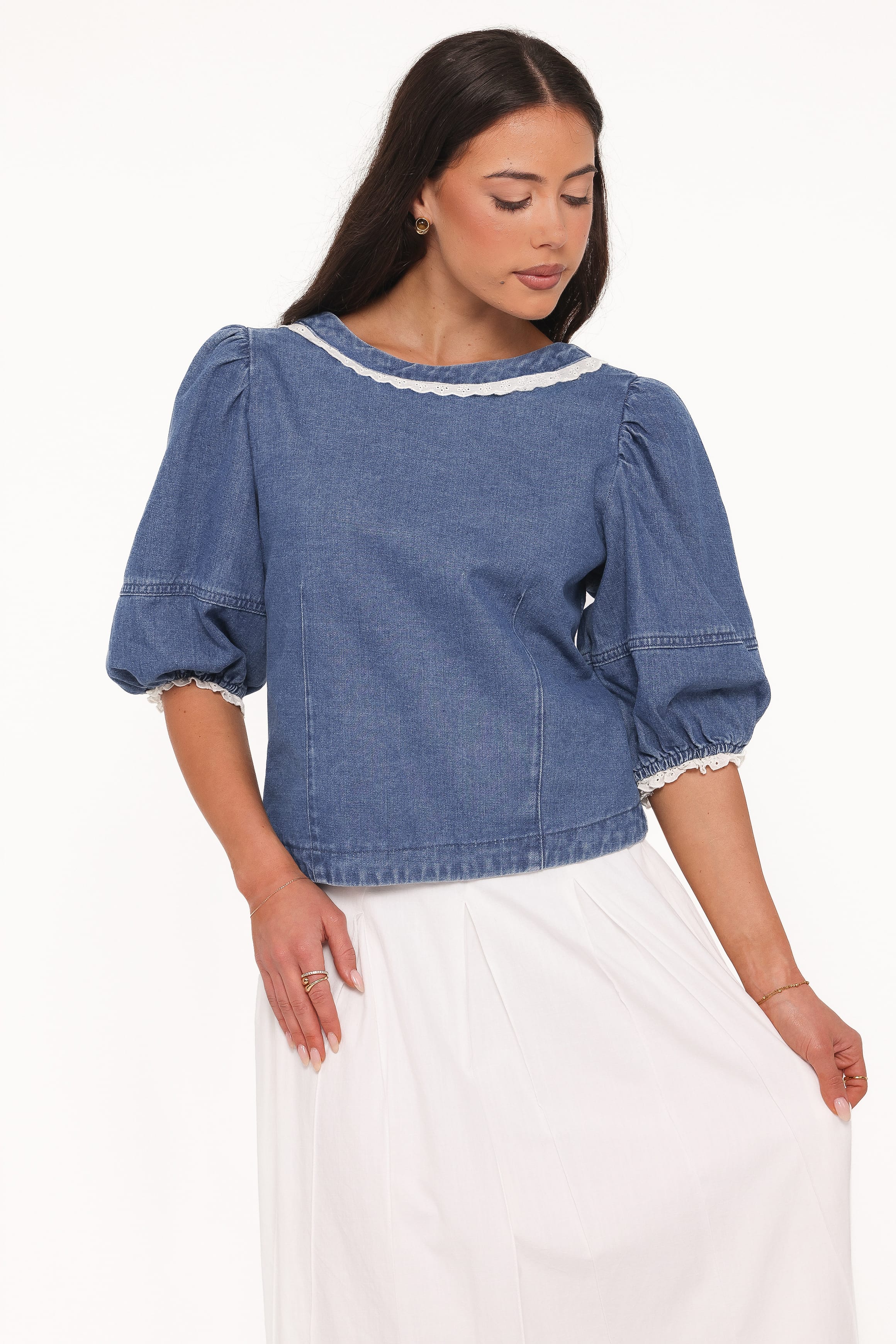 TOPS Merli Denim Open Back Top - Blue Medium Wash