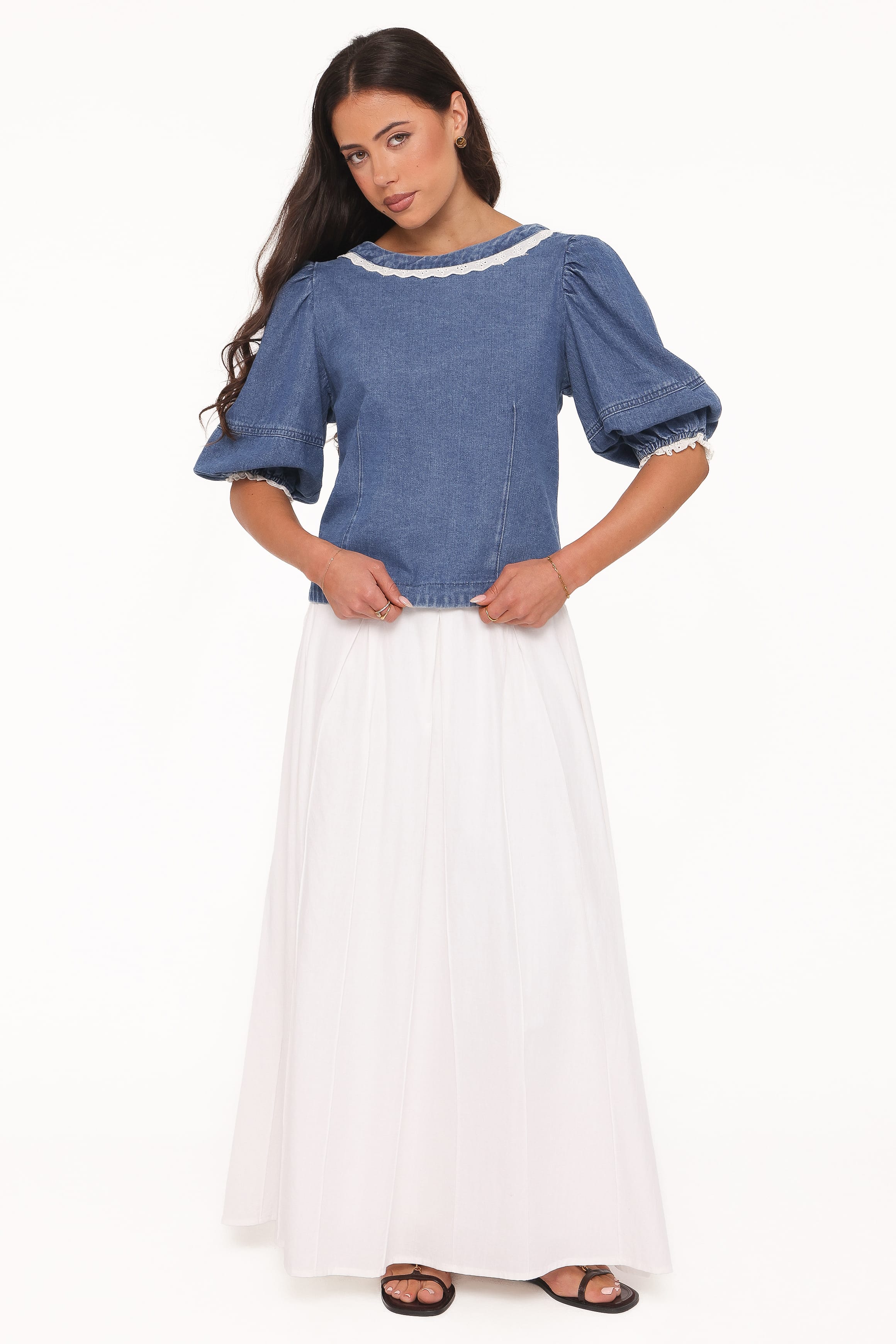 TOPS Merli Denim Open Back Top - Blue Medium Wash