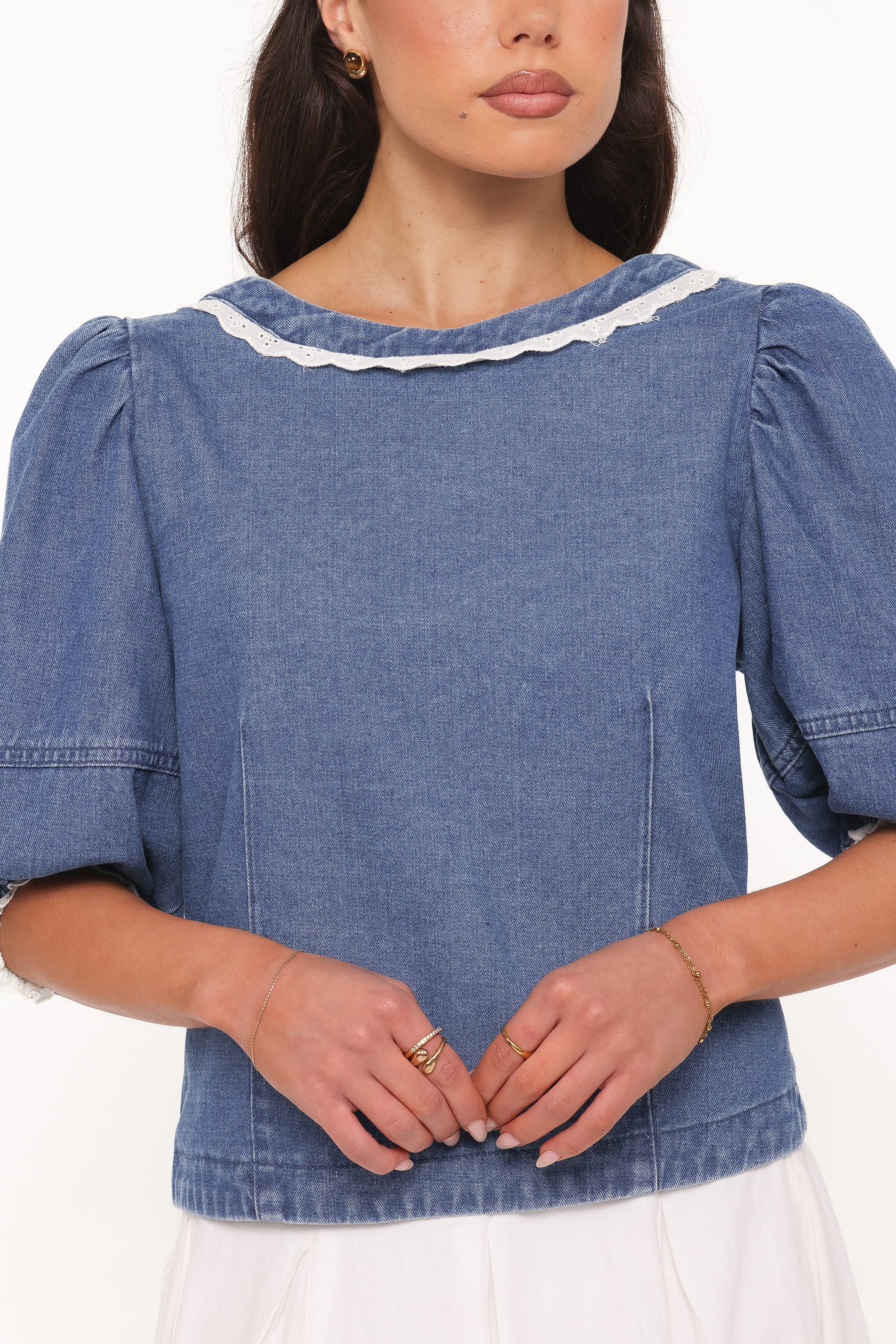 TOPS Merli Denim Open Back Top - Blue Medium Wash