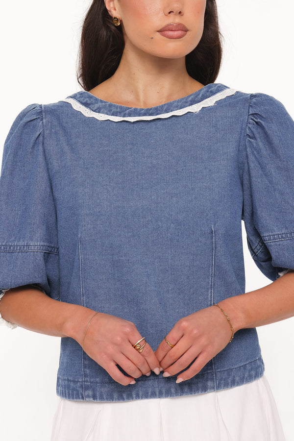 TOPS Merli Denim Open Back Top - Blue Medium Wash