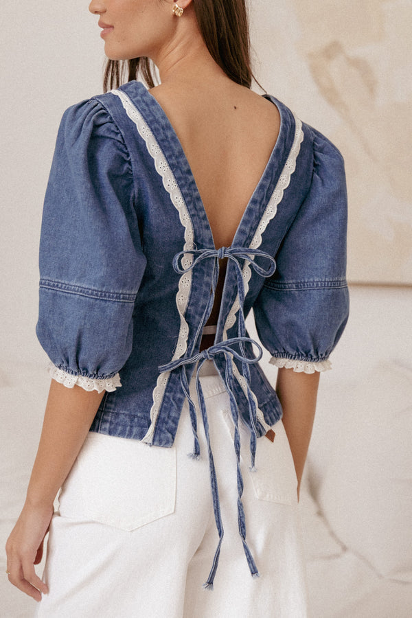 TOPS Merli Denim Open Back Top - Blue Medium Wash