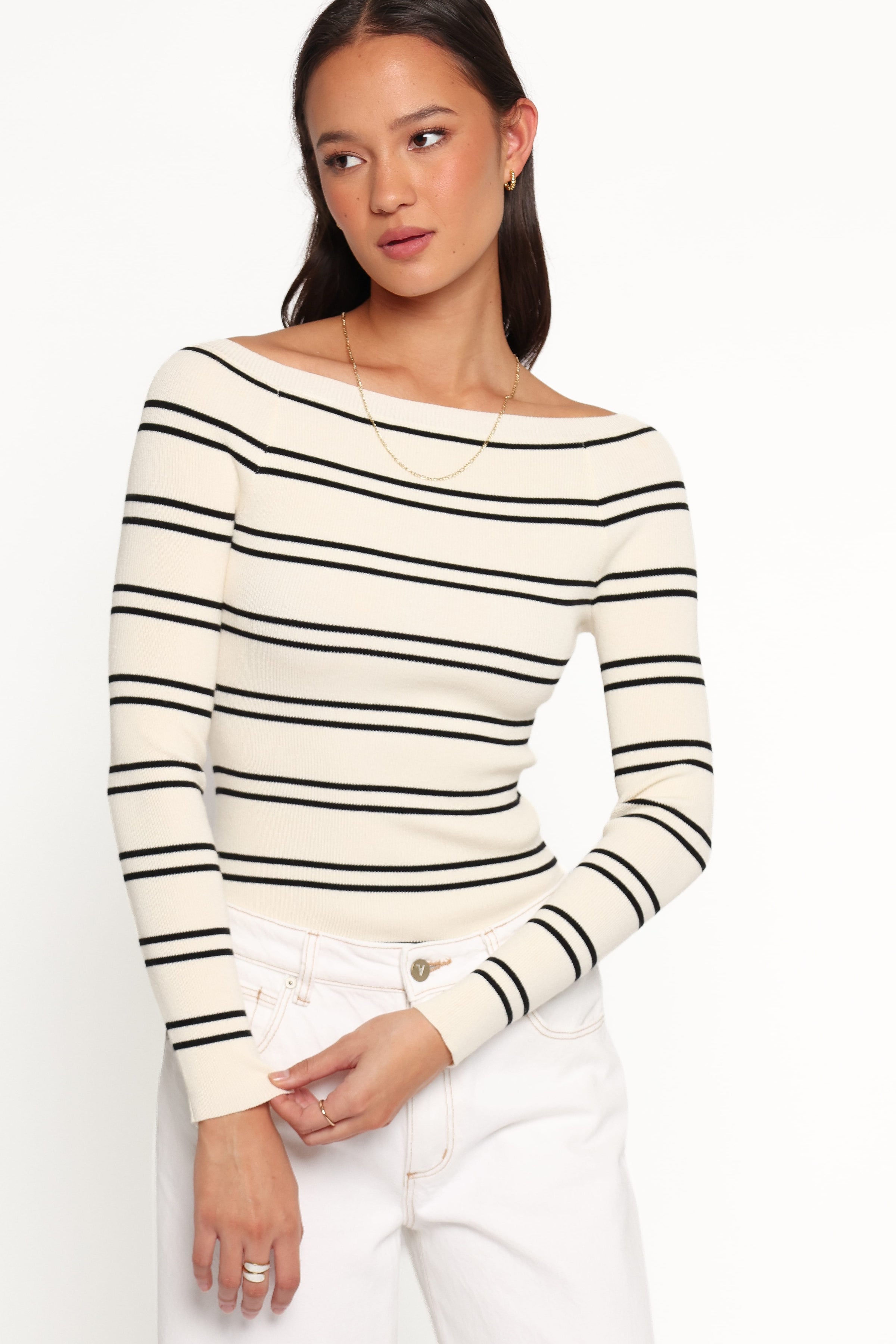 TOPS Presley Knit Top - Cream Black Stripe