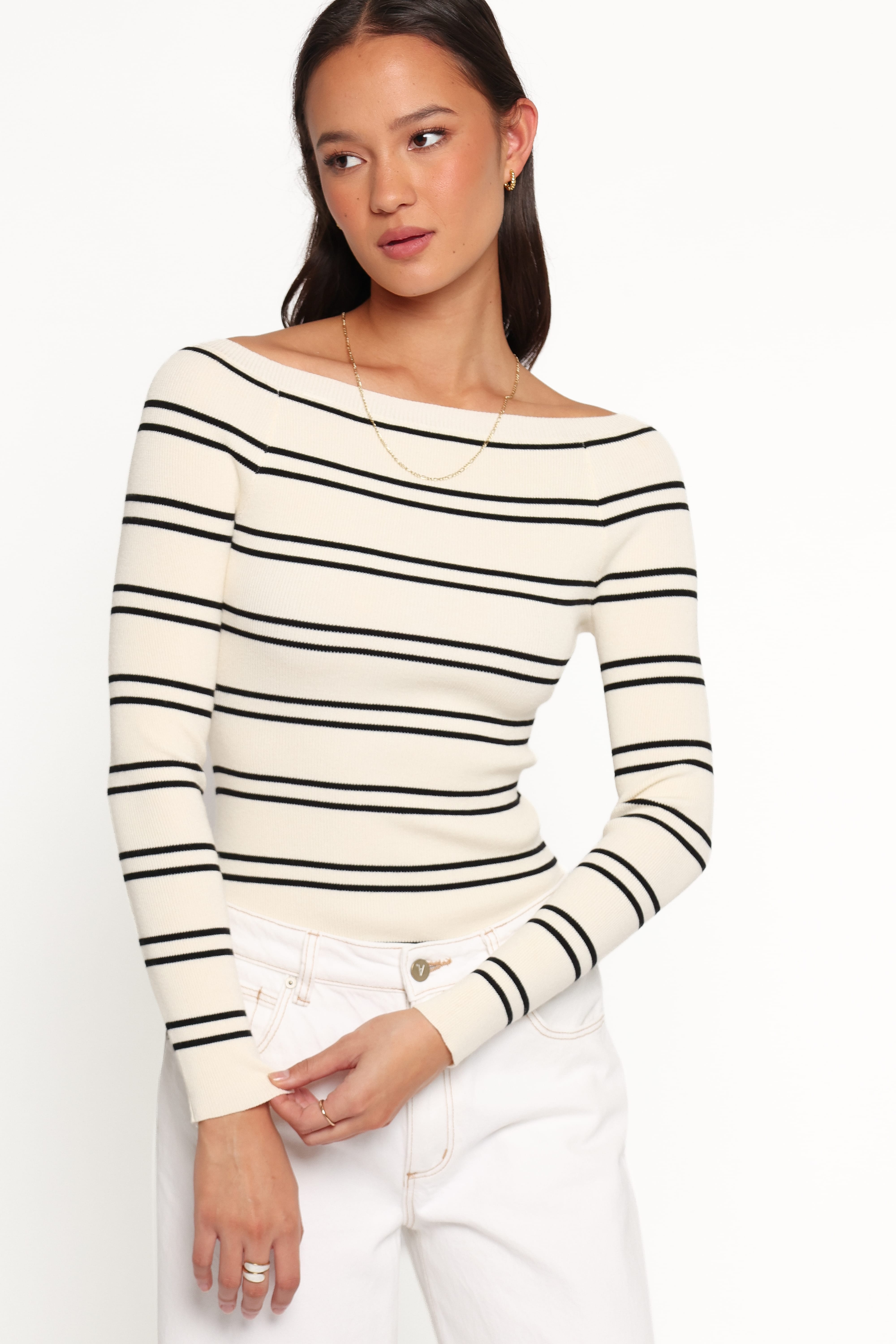 TOPS Presley Knit Top - Cream Black Stripe