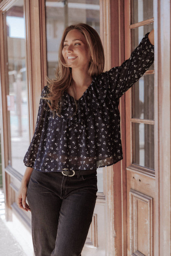 TOPS Reina Ruffle Top - Black Floral
