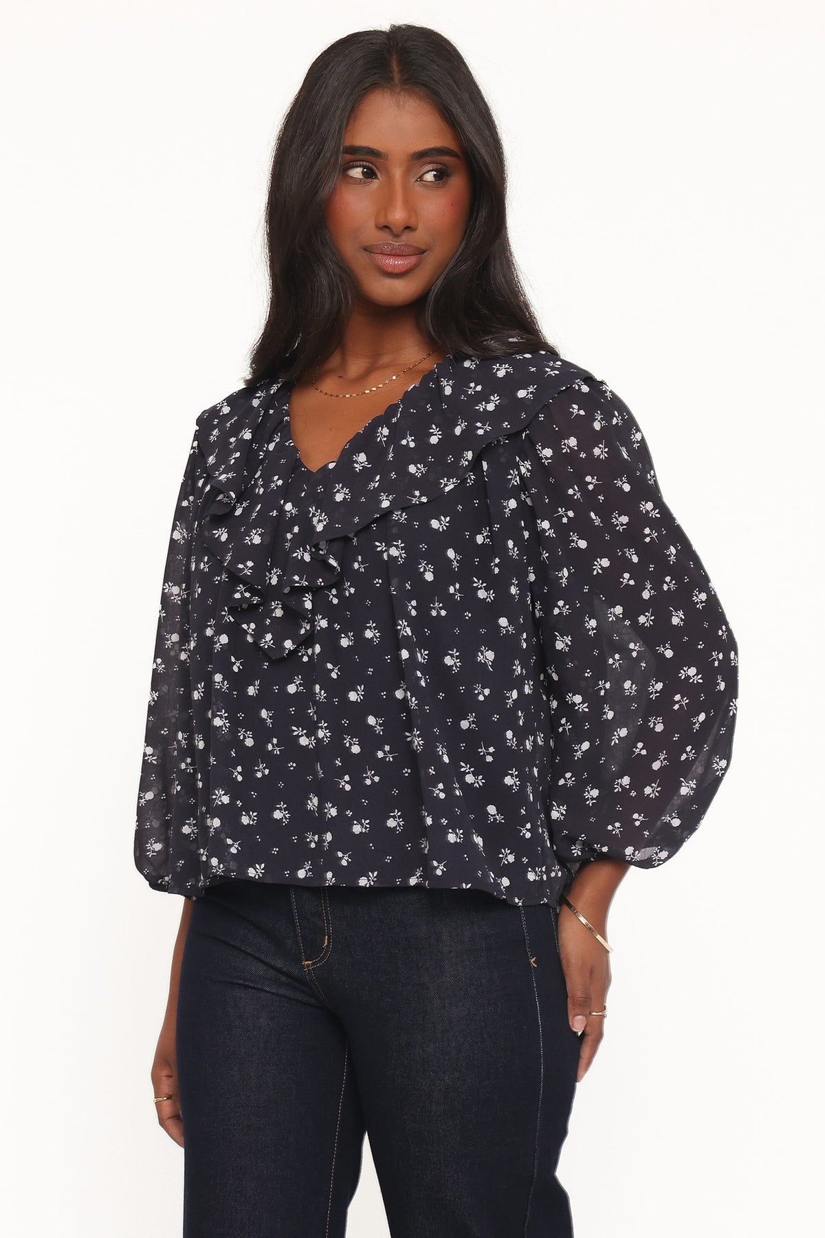 TOPS Reina Ruffle Top - Black Floral