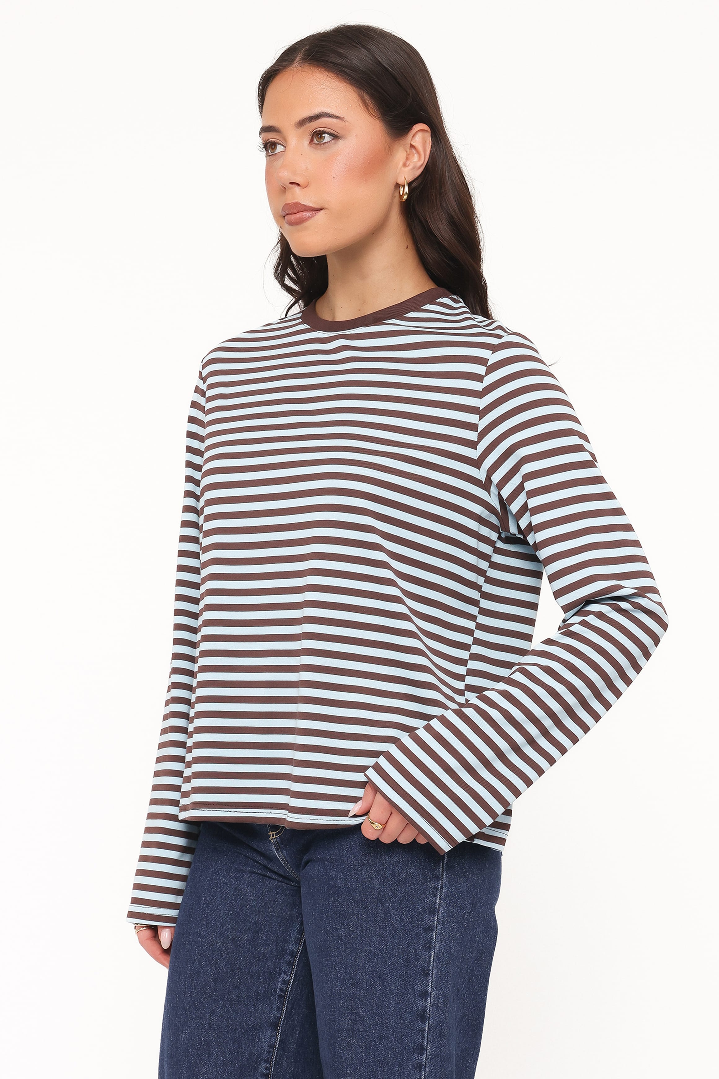 TOPS Ruva Long Sleeve Tee - Brown Blue Stripe