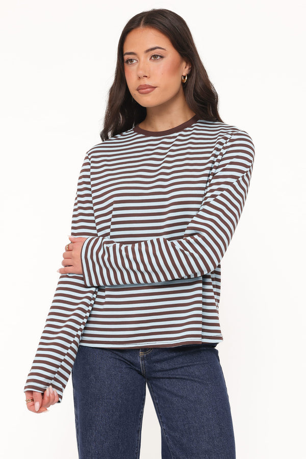 TOPS Ruva Long Sleeve Tee - Brown Blue Stripe