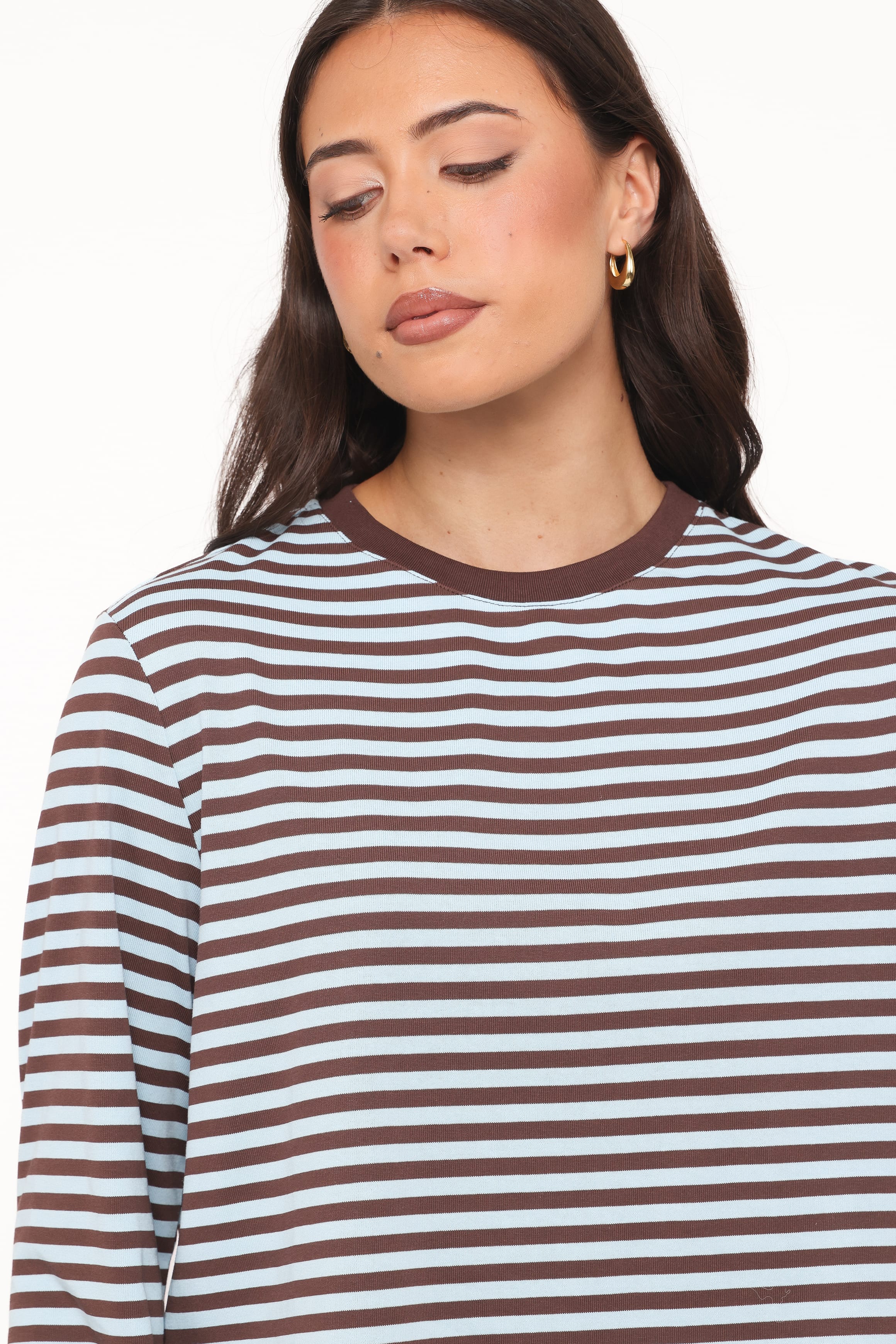 TOPS Ruva Long Sleeve Tee - Brown Blue Stripe