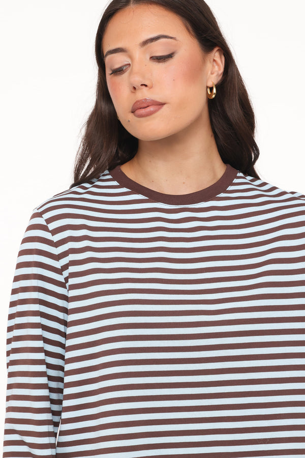 TOPS Ruva Long Sleeve Tee - Brown Blue Stripe