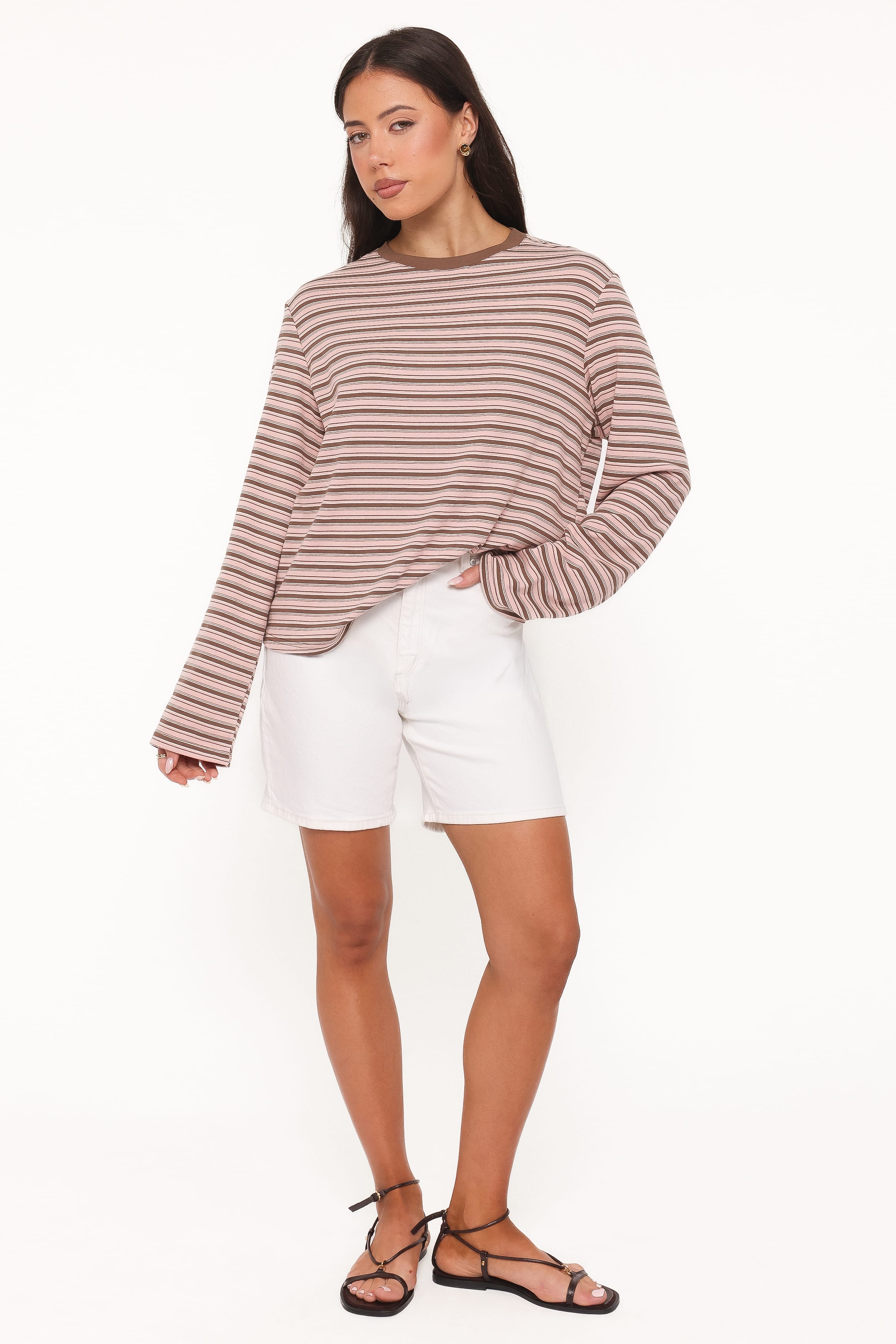 TOPS Ruva Long Sleeve Tee - Chocolate Pink Stripe