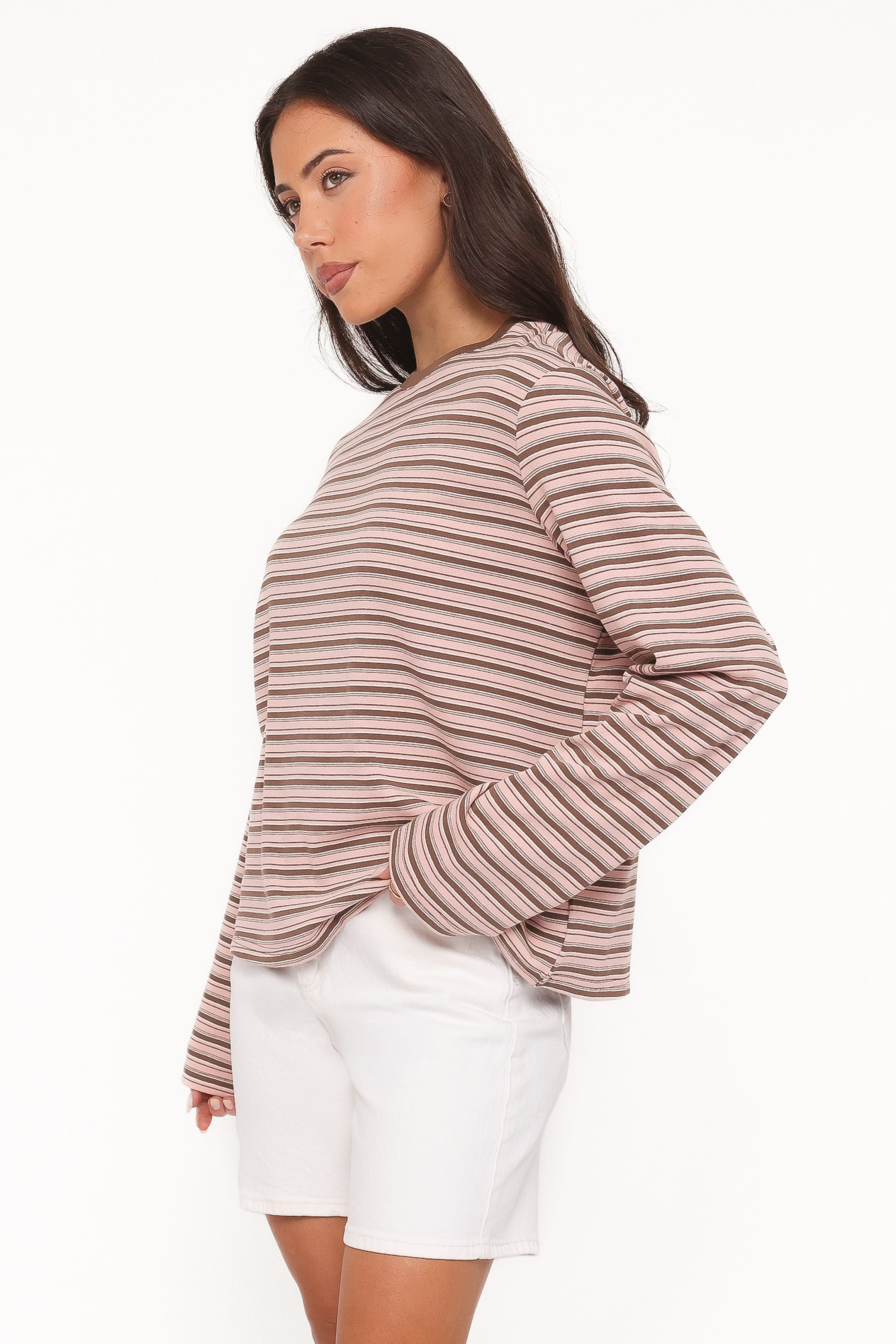 TOPS Ruva Long Sleeve Tee - Chocolate Pink Stripe