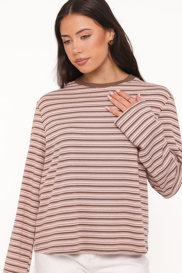 TOPS Ruva Long Sleeve Tee - Chocolate Pink Stripe