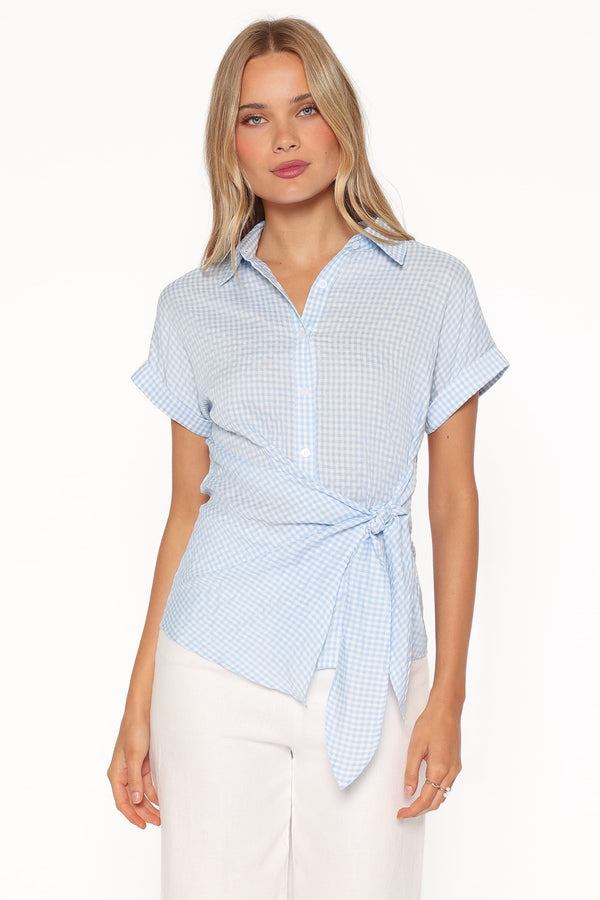 TOPS Shiloh Side Tie Shirt - Blue Gingham