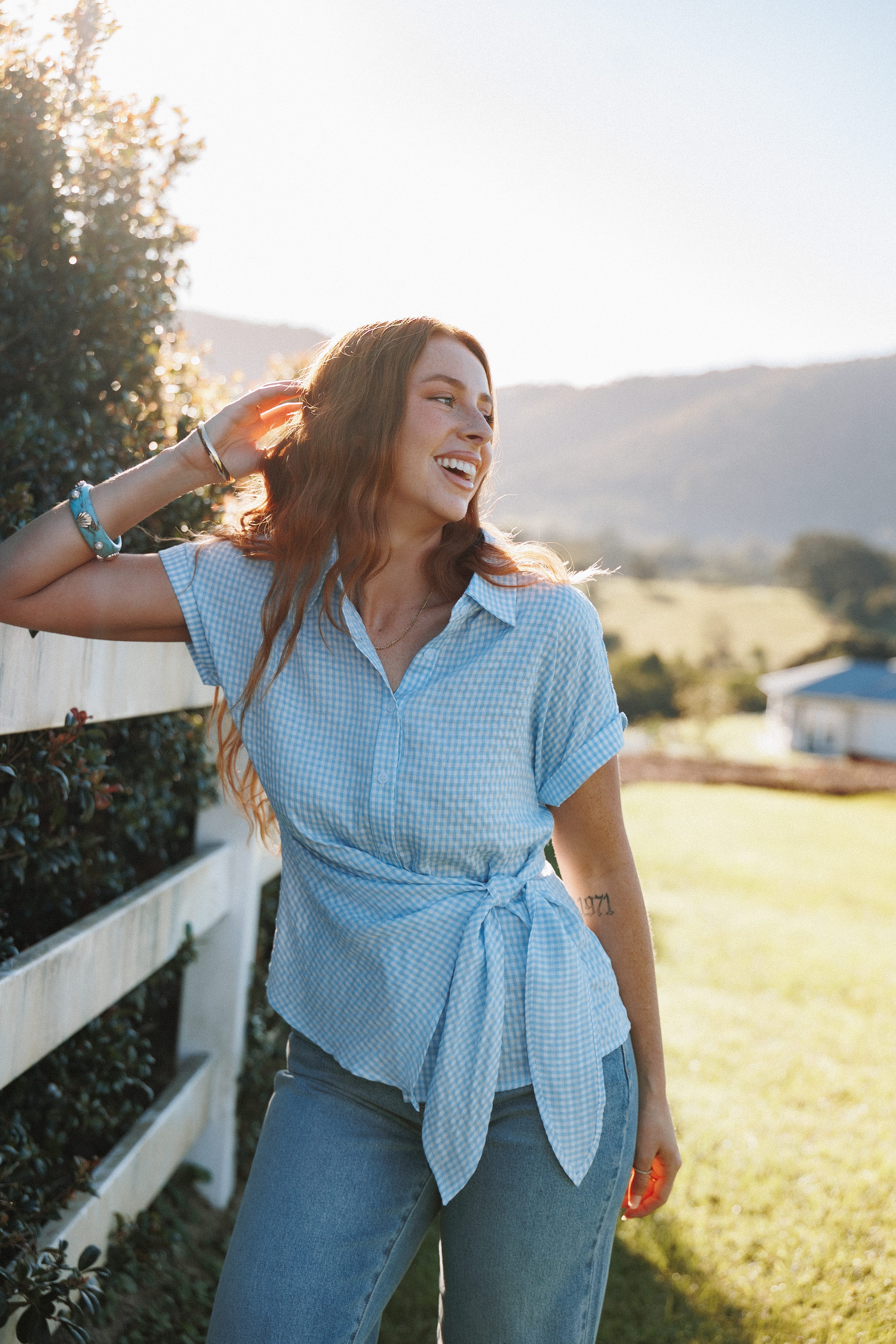 TOPS Shiloh Side Tie Shirt - Blue Gingham