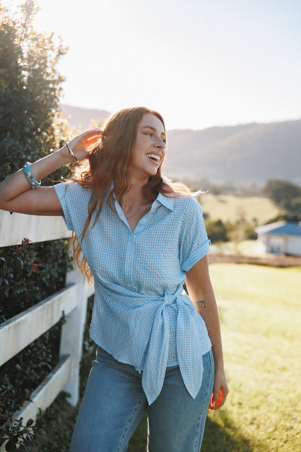 TOPS Shiloh Side Tie Shirt - Blue Gingham