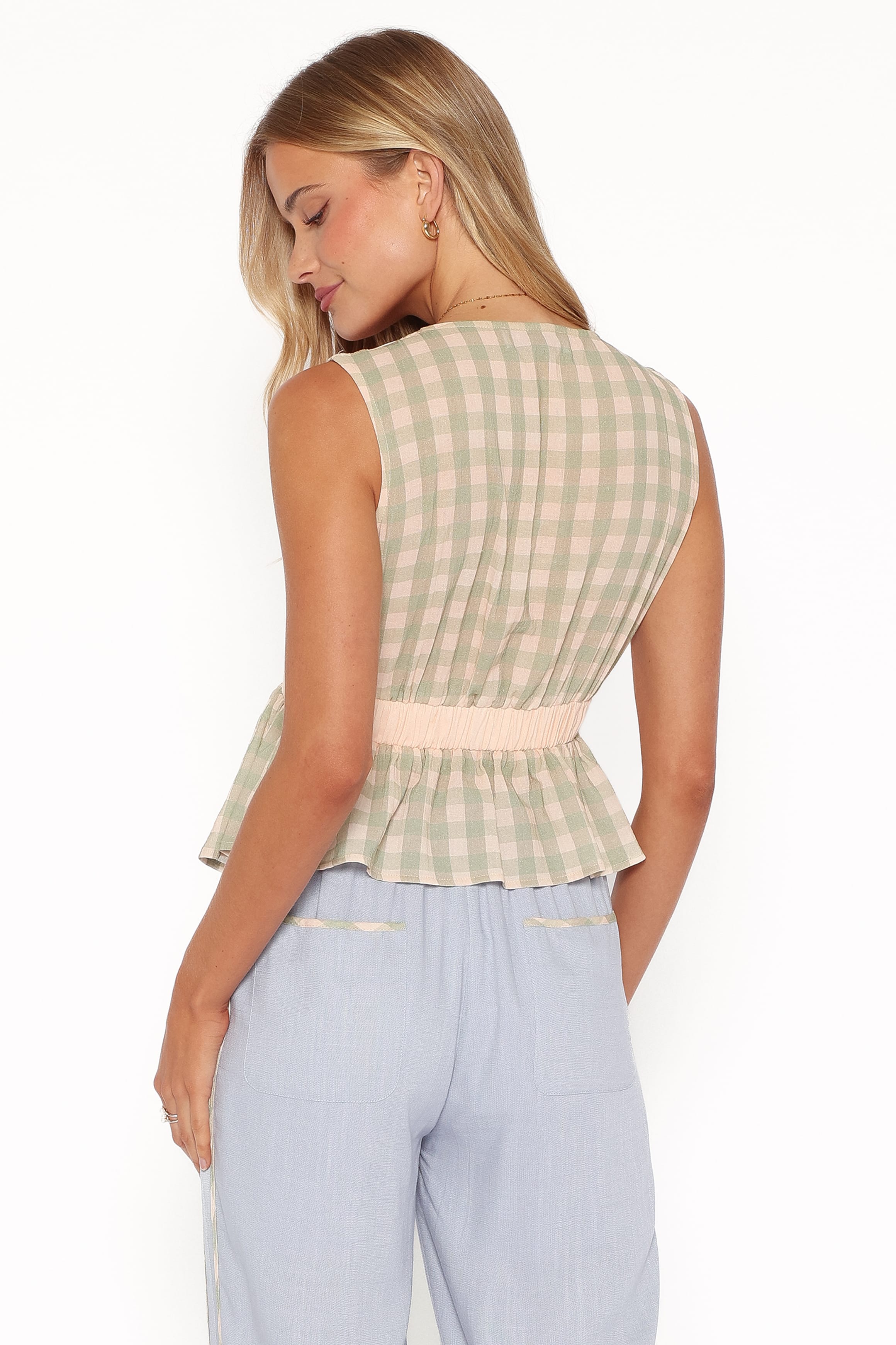 TOPS Solace Peplum Top - Green/Pink Gingham