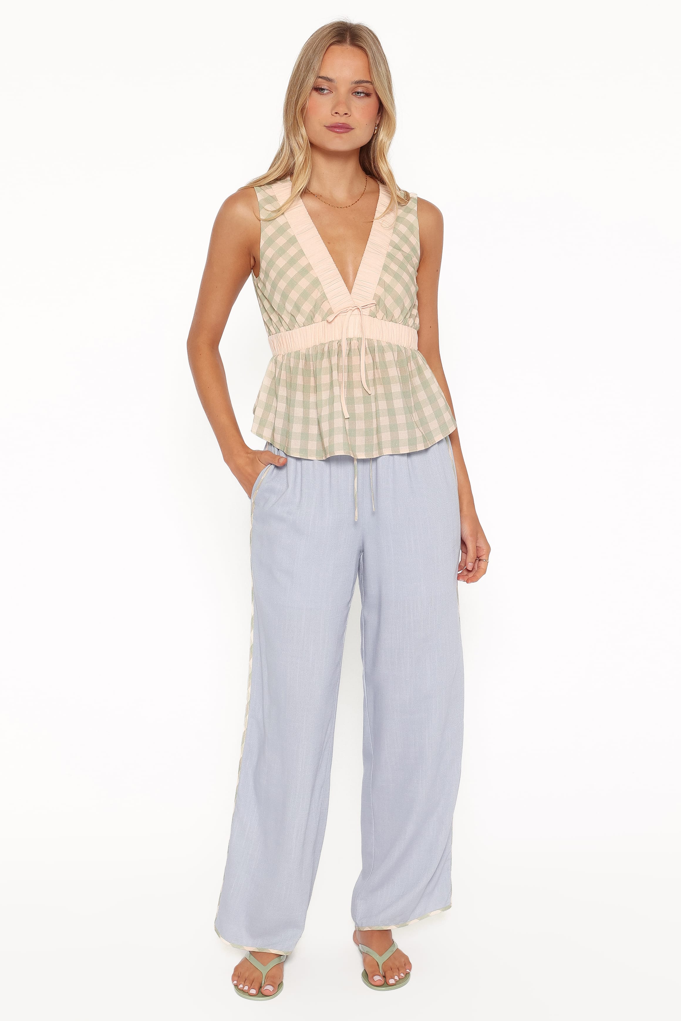 TOPS Solace Peplum Top - Green/Pink Gingham