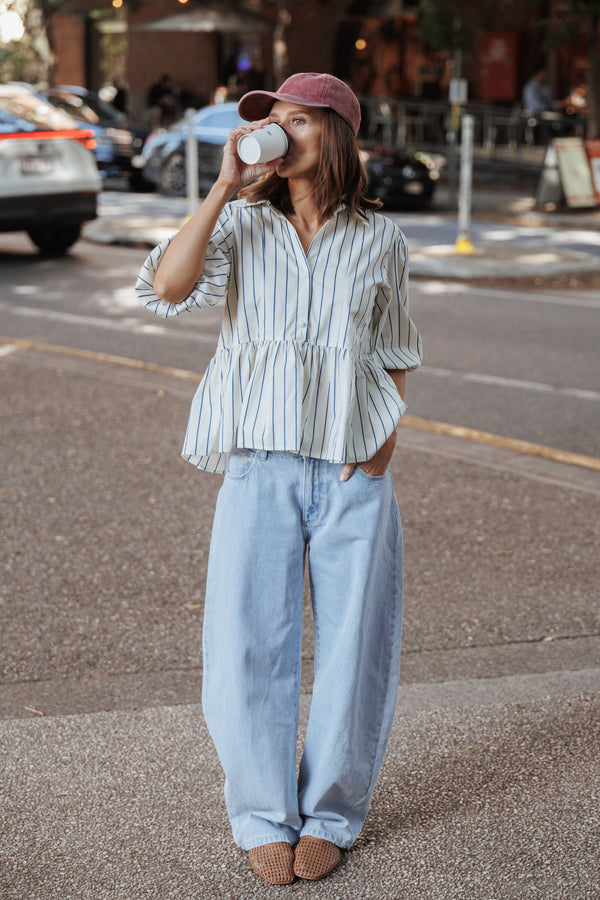 TOPS Thomas Short Sleeve Peplum Top - Yellow/Blue Stripe