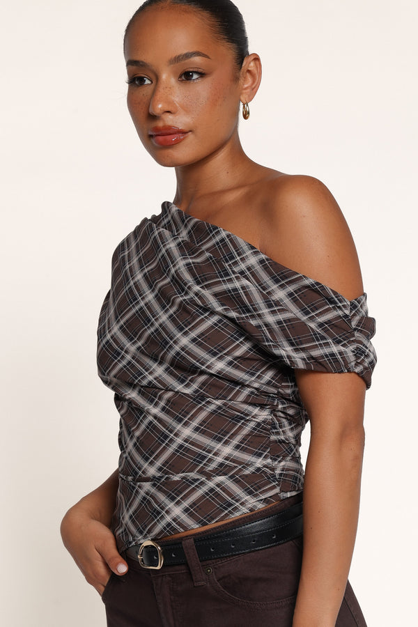 TOPS Vale Off Shoulder Top - Brown Plaid