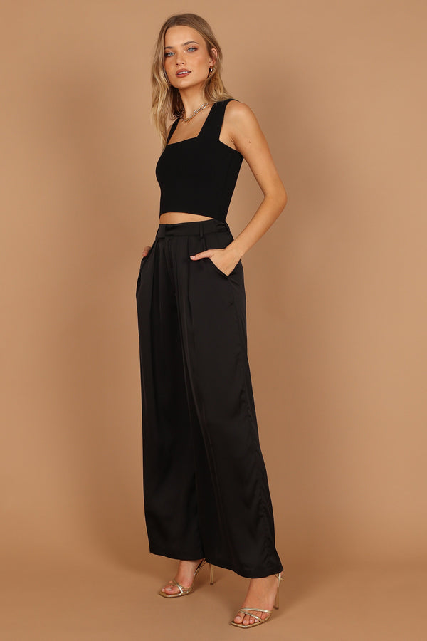 Petal and Pup USA BOTTOMS Wellington Wide Leg Satin Pant - Black