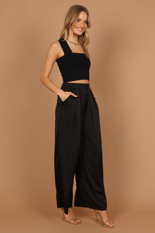 Petal and Pup USA BOTTOMS Wellington Wide Leg Satin Pant - Black