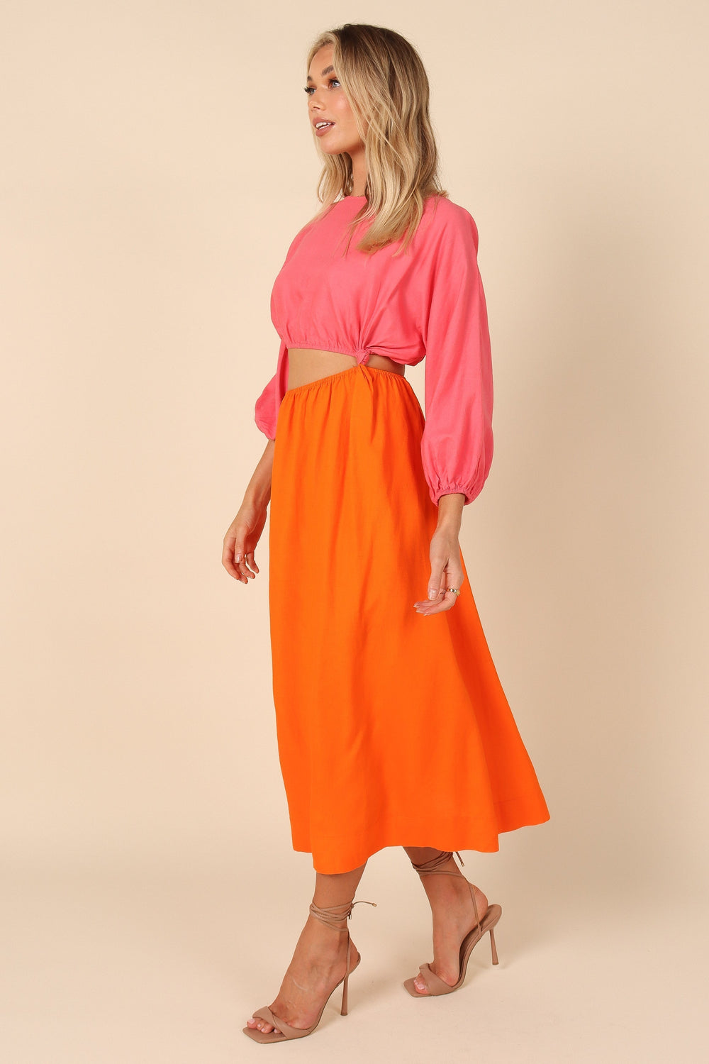 Petal and Pup USA DRESSES Affection Mid Sleeve Waist Cutout Midi Dress - Pink/Orange