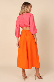 Petal and Pup USA DRESSES Affection Mid Sleeve Waist Cutout Midi Dress - Pink/Orange
