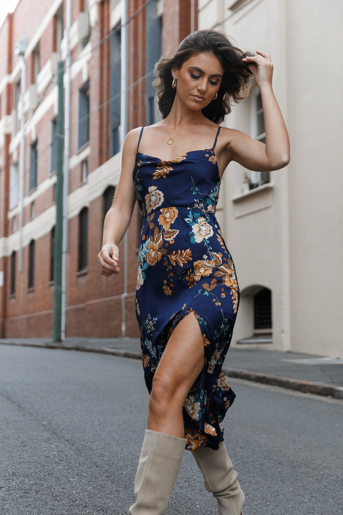 Alejandra Cowl Neck Midi Dress - Navy