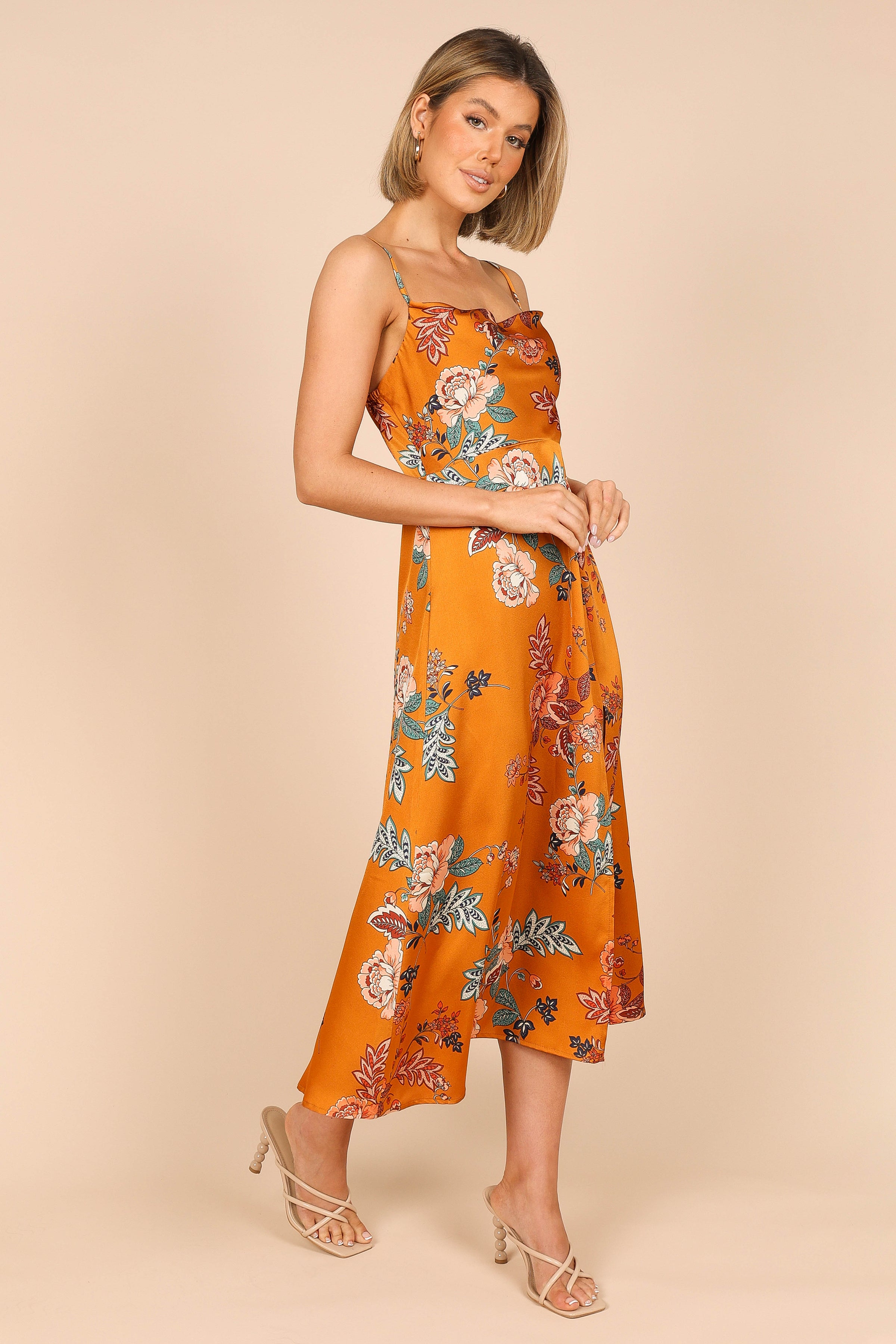 Petal and Pup USA DRESSES Alejandra Cowl Neck Midi Dress - Tan