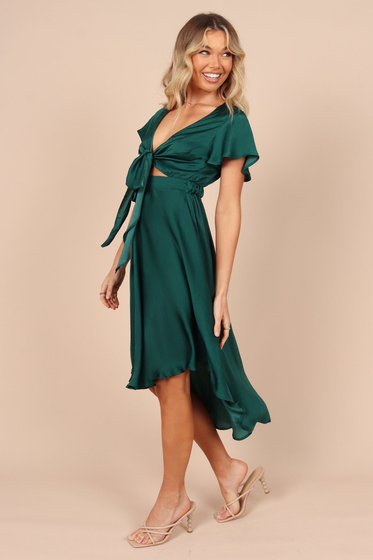 emerald green wrap dress Amanda Hi Lo Tie Front Dress