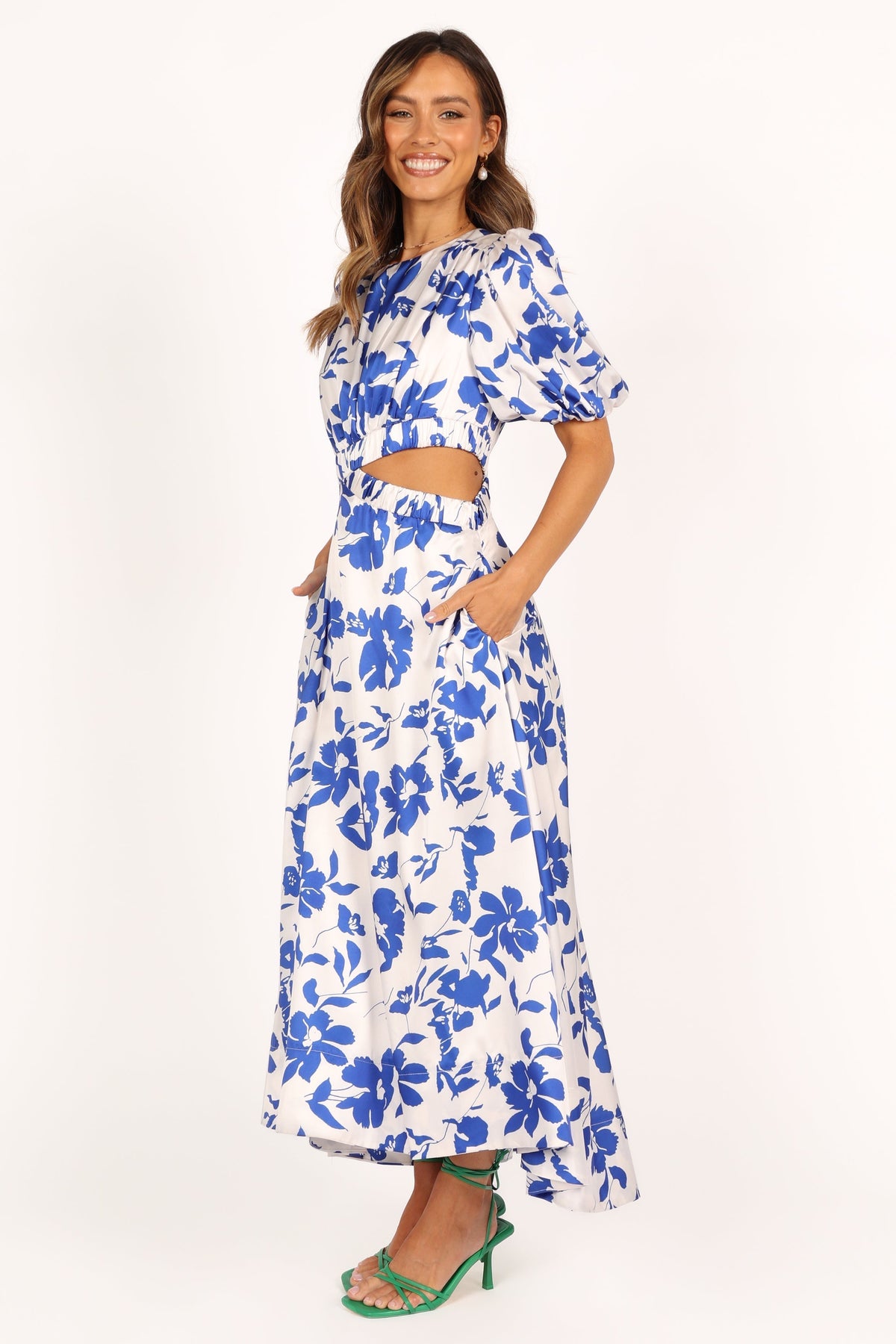 blue floral puff sleeve midi dress Aminah Puff Sleeve Dress