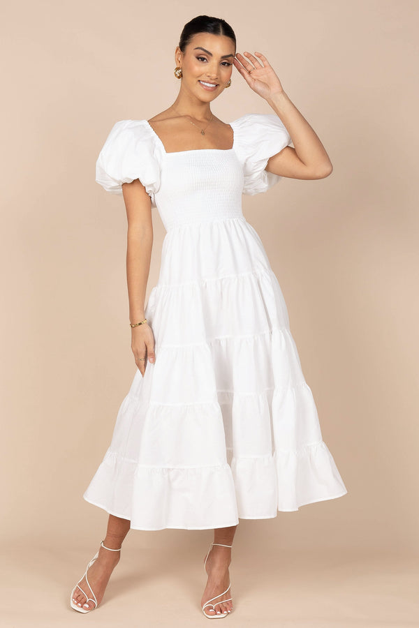 Petal and Pup USA DRESSES Annette Puff Sleeve Shirred Midi Dress - White