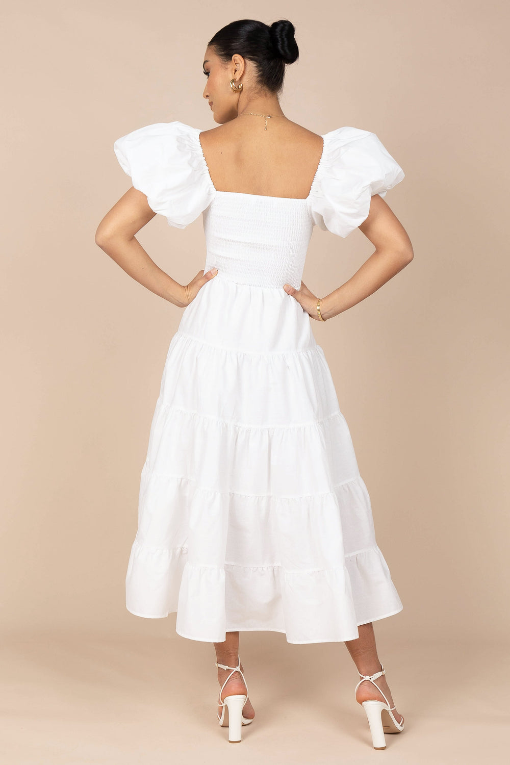Petal and Pup USA DRESSES Annette Puff Sleeve Shirred Midi Dress - White