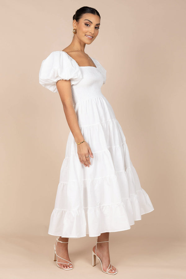 Petal and Pup USA DRESSES Annette Puff Sleeve Shirred Midi Dress - White