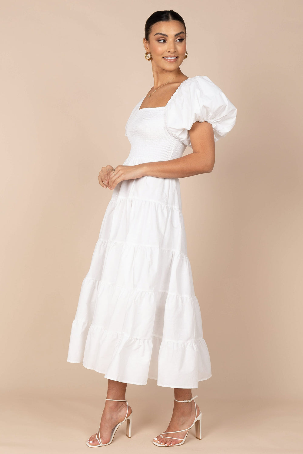 Petal and Pup USA DRESSES Annette Puff Sleeve Shirred Midi Dress - White
