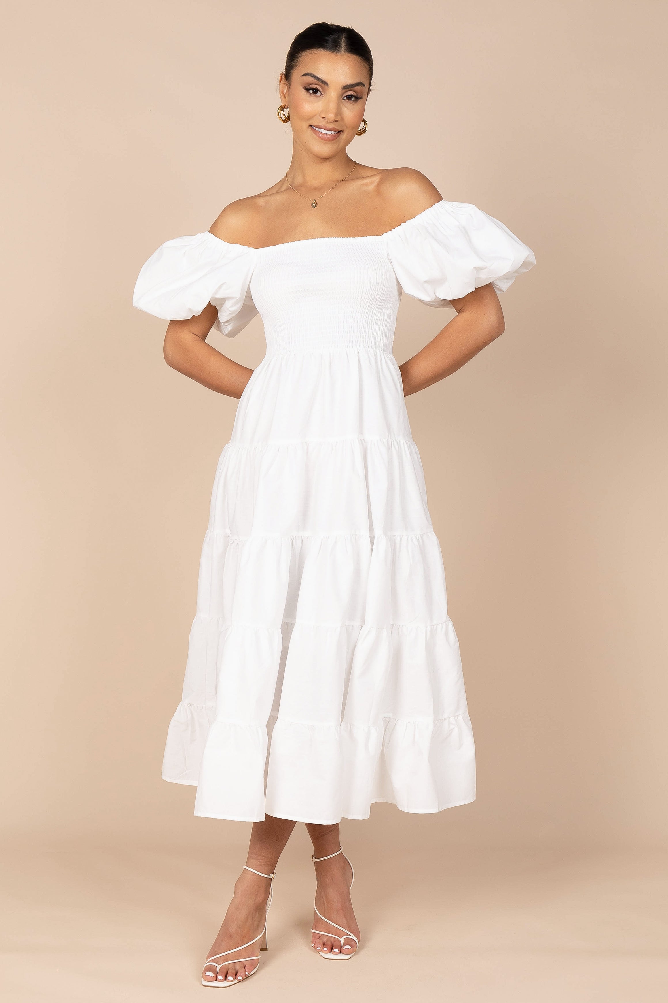 Annette Puff Sleeve Shirred Midi Dress - White - Petal & Pup USA