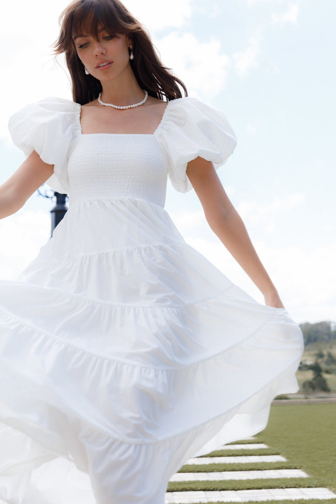 Annette Puff Sleeve Shirred Midi Dress - White - Petal & Pup USA