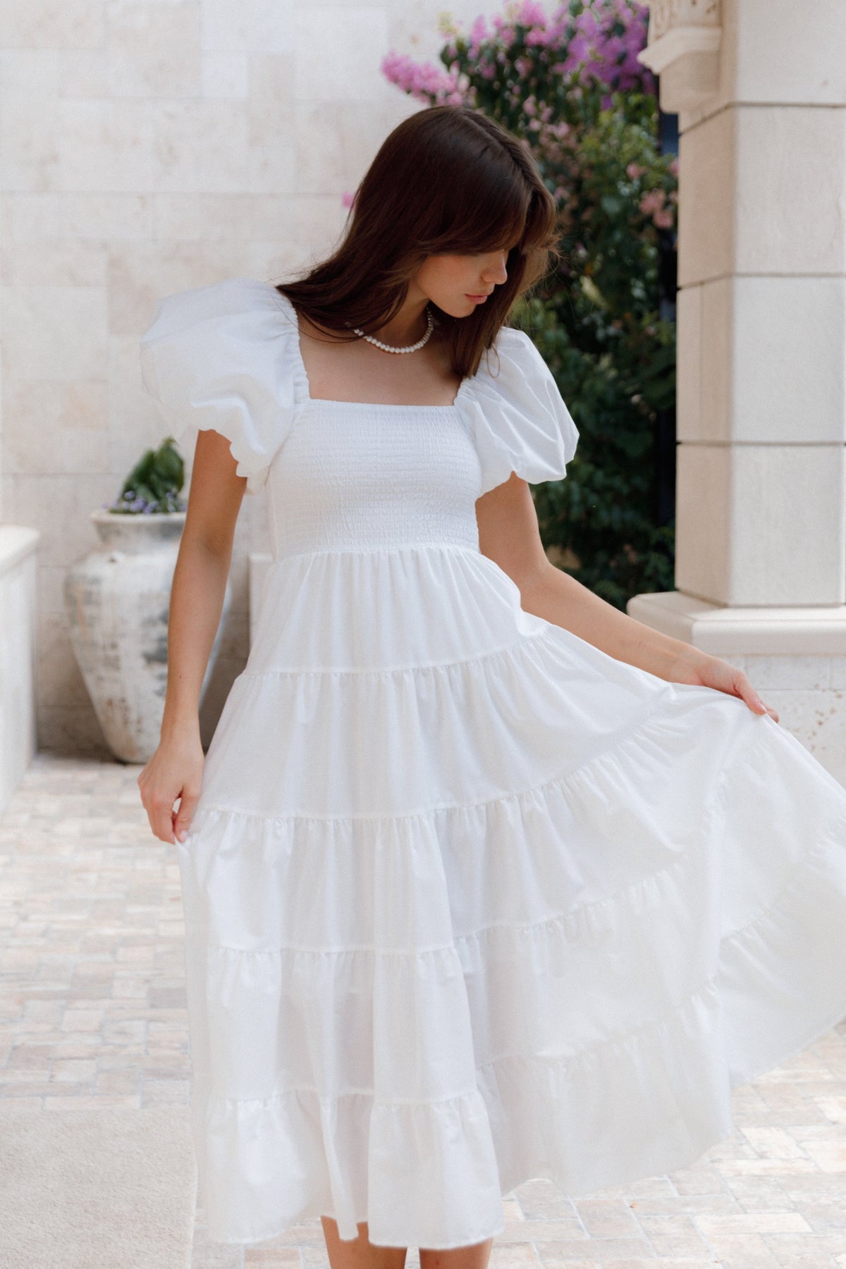 Annette Puff Sleeve Shirred Midi Dress White | Petal & Pup USA Annette Puff Sleeve Shirred Midi Dress White | Petal & Pup USA