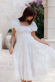 Puff Sleeve Split Hem Midi Dress - Women's Formal & Casual Midi Dresses -  White - Dresses