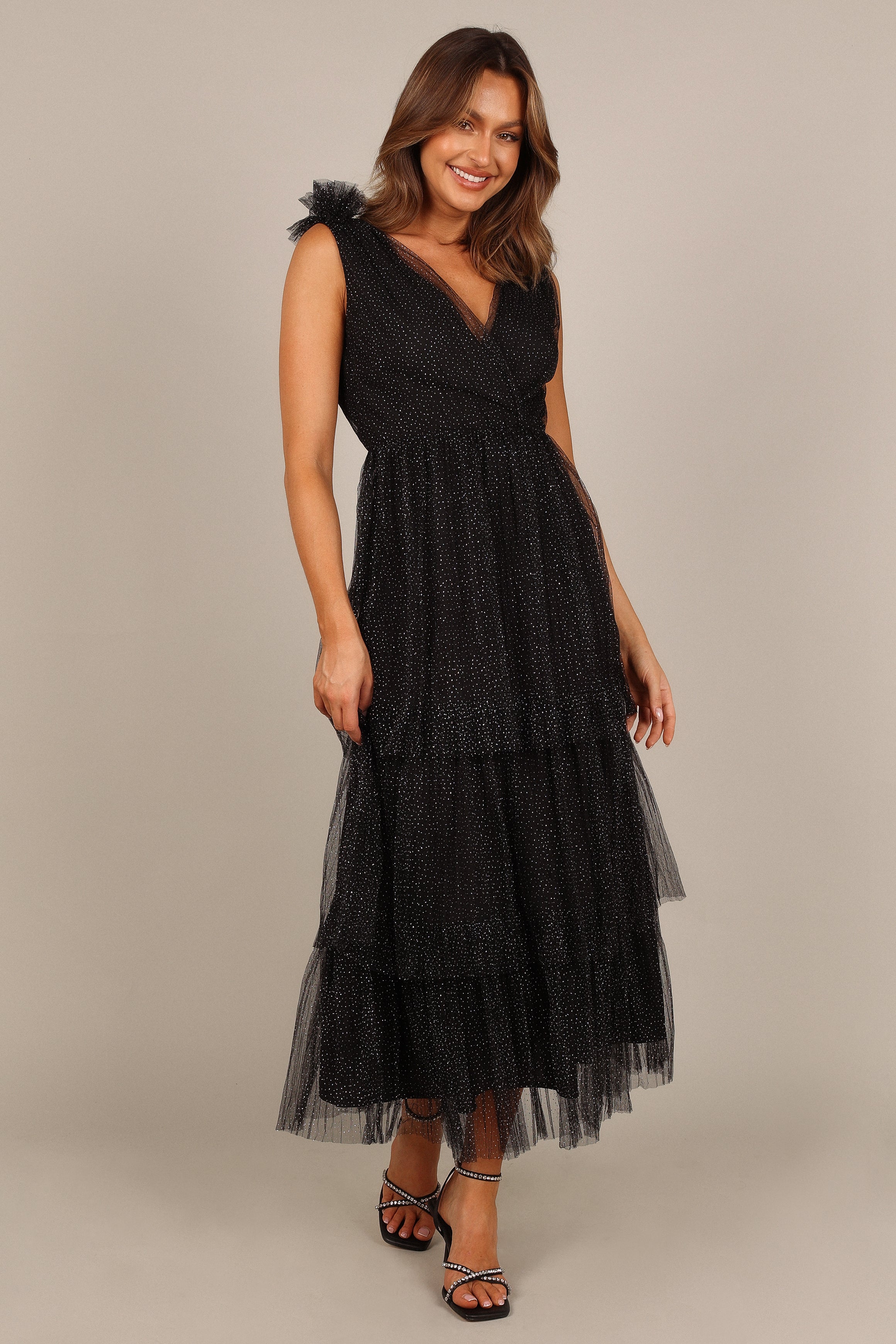 Petal and Pup USA DRESSES Asteria Tulle tiered Maxi Dress - Black Sparkle