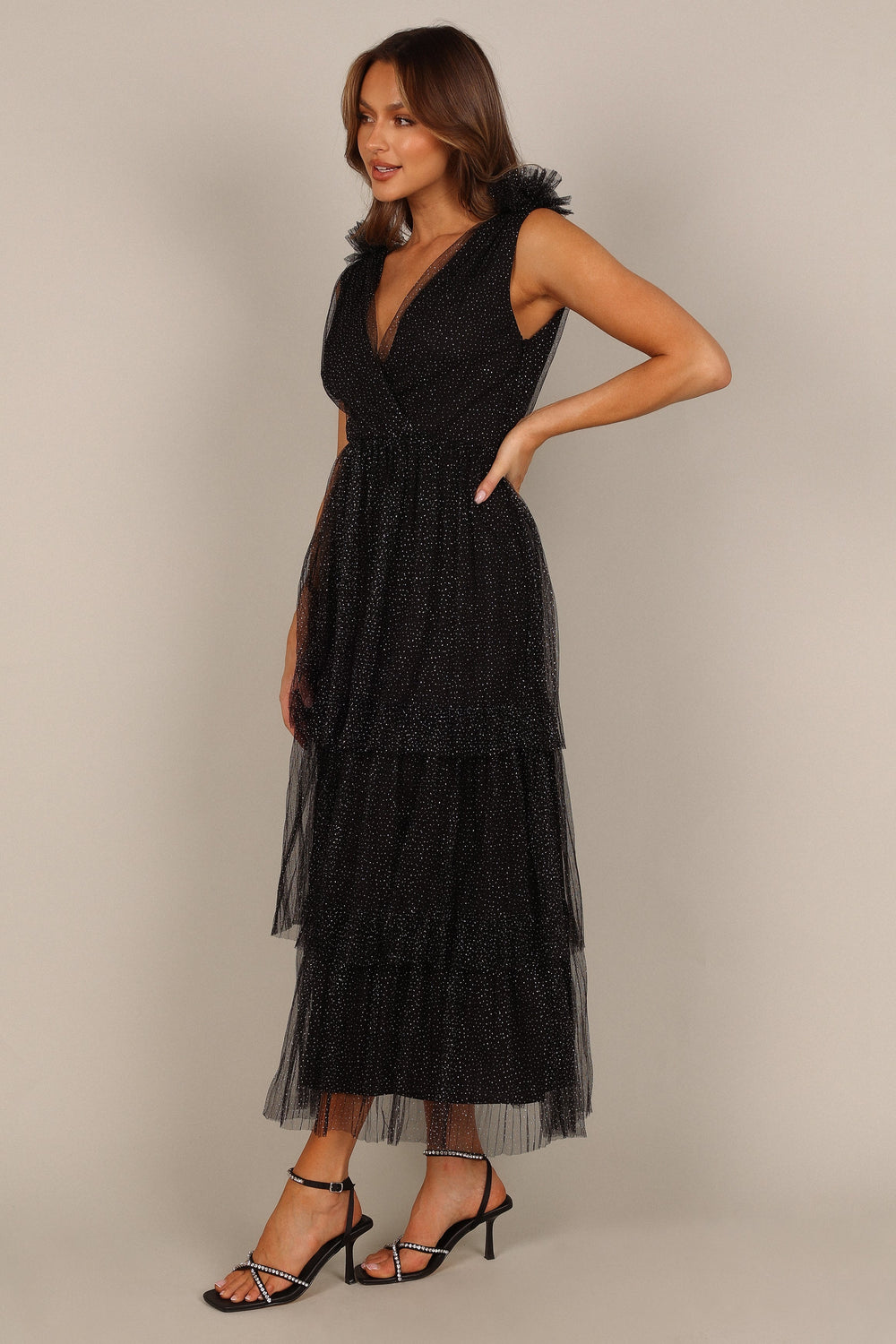 Petal and Pup USA DRESSES Asteria Tulle tiered Maxi Dress - Black Sparkle