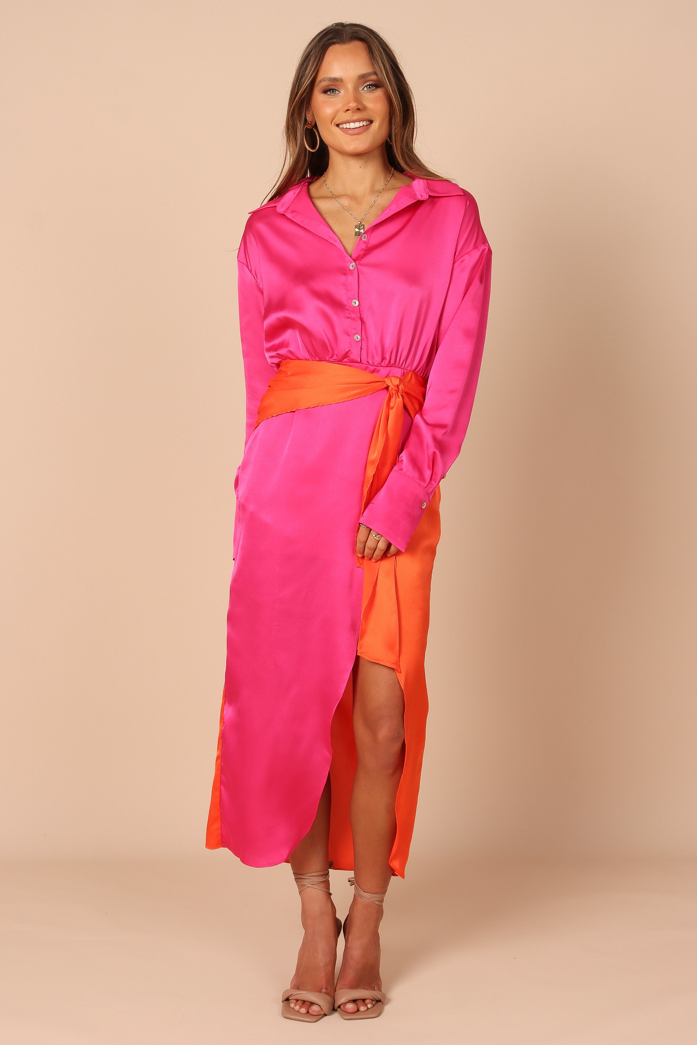 Pink/Orange Collared Color Blocking Dress
