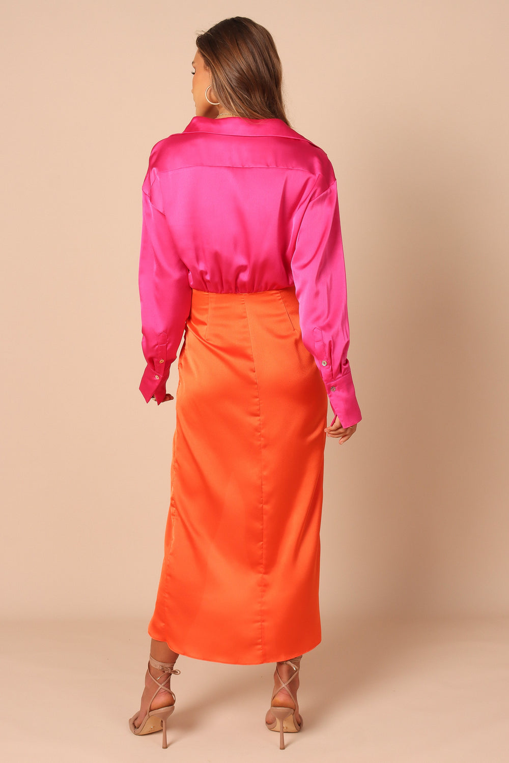 Twisted Front Satin Color Block Midi Dress - Fuchsia/Orange, color