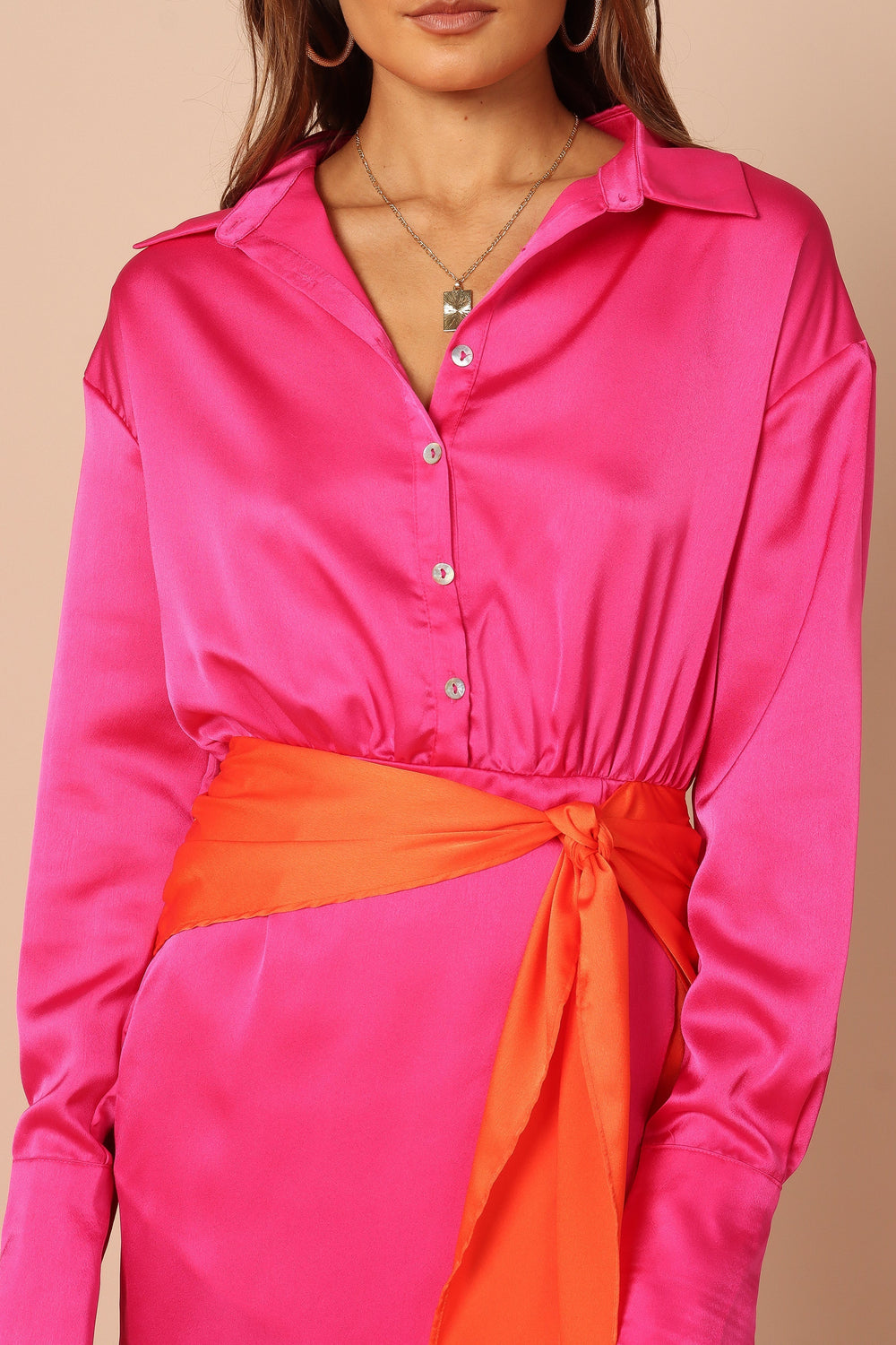 Half & Half, Color Block Shirt Dress - Pink/ Orange
