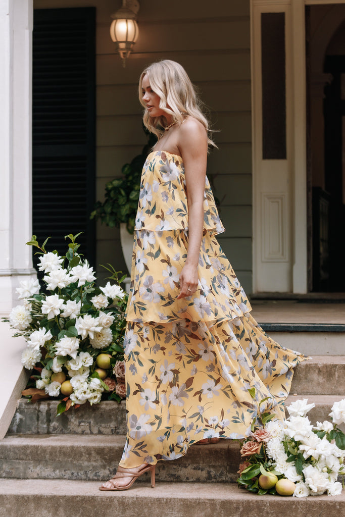 Bloom Strapless Maxi Dress - Yellow Floral - Petal & Pup USA